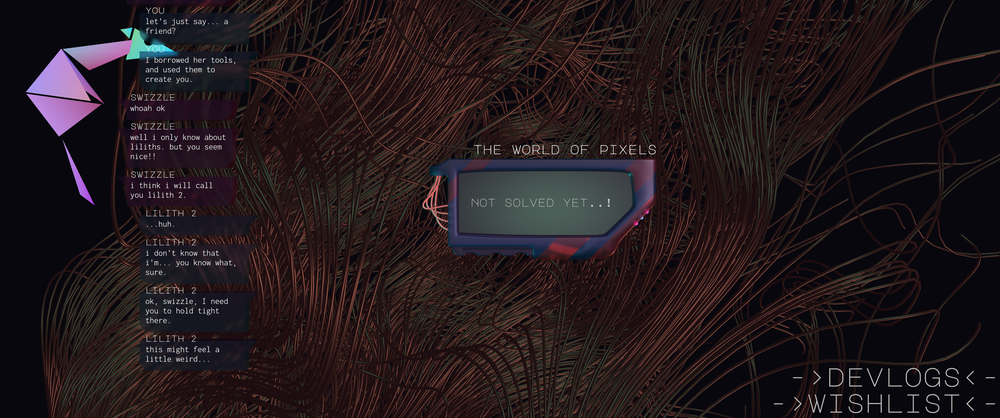 The level select screen in Shaderland, showing a nest of twisty wires, Swizzle the ferret, and level gadgets to click on.