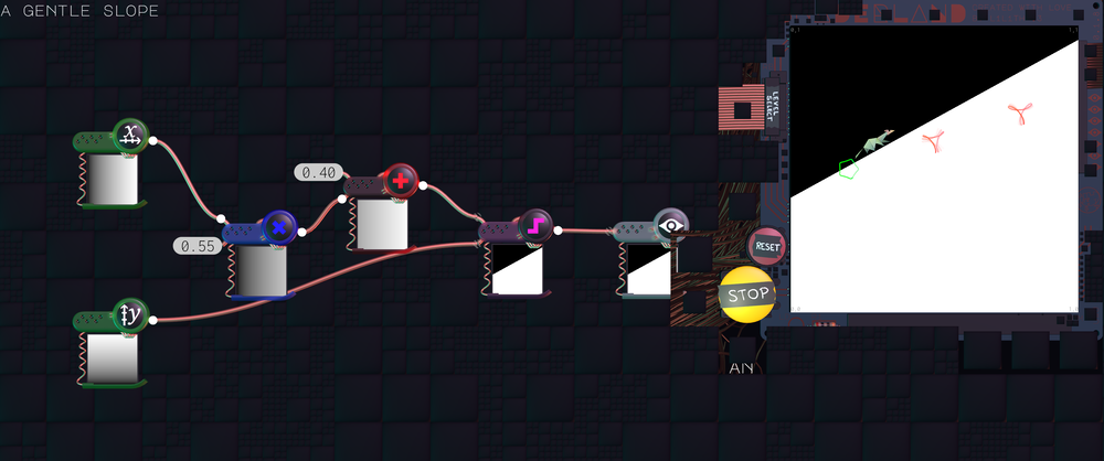 A level in progress in Shaderland, with a connected up node graph and Swizzle walking.